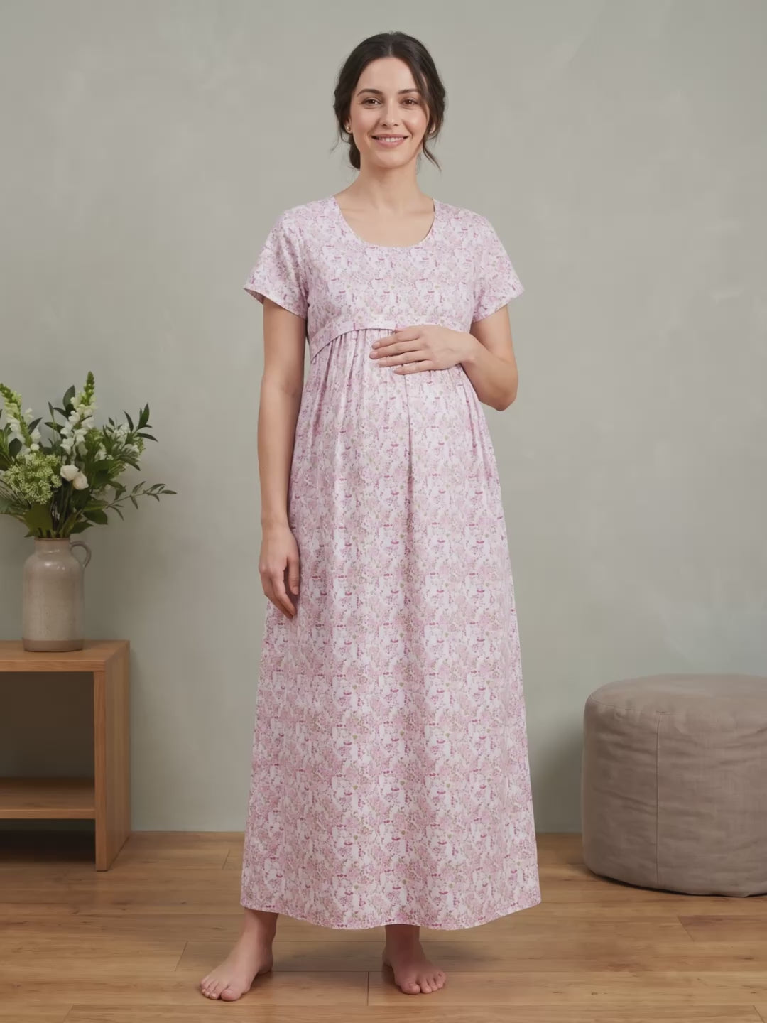 Pink Floral Cotton Maternity Nighty