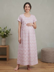 Pink Floral Cotton Maternity Nighty