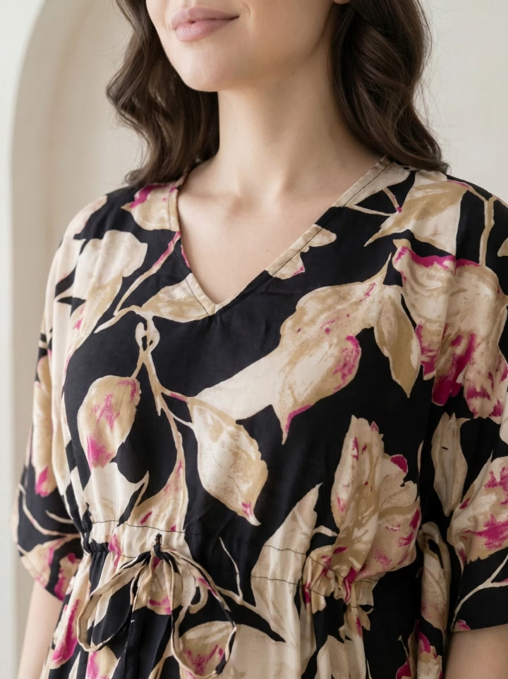 Black Floral Rayon Maternity Kaftan
