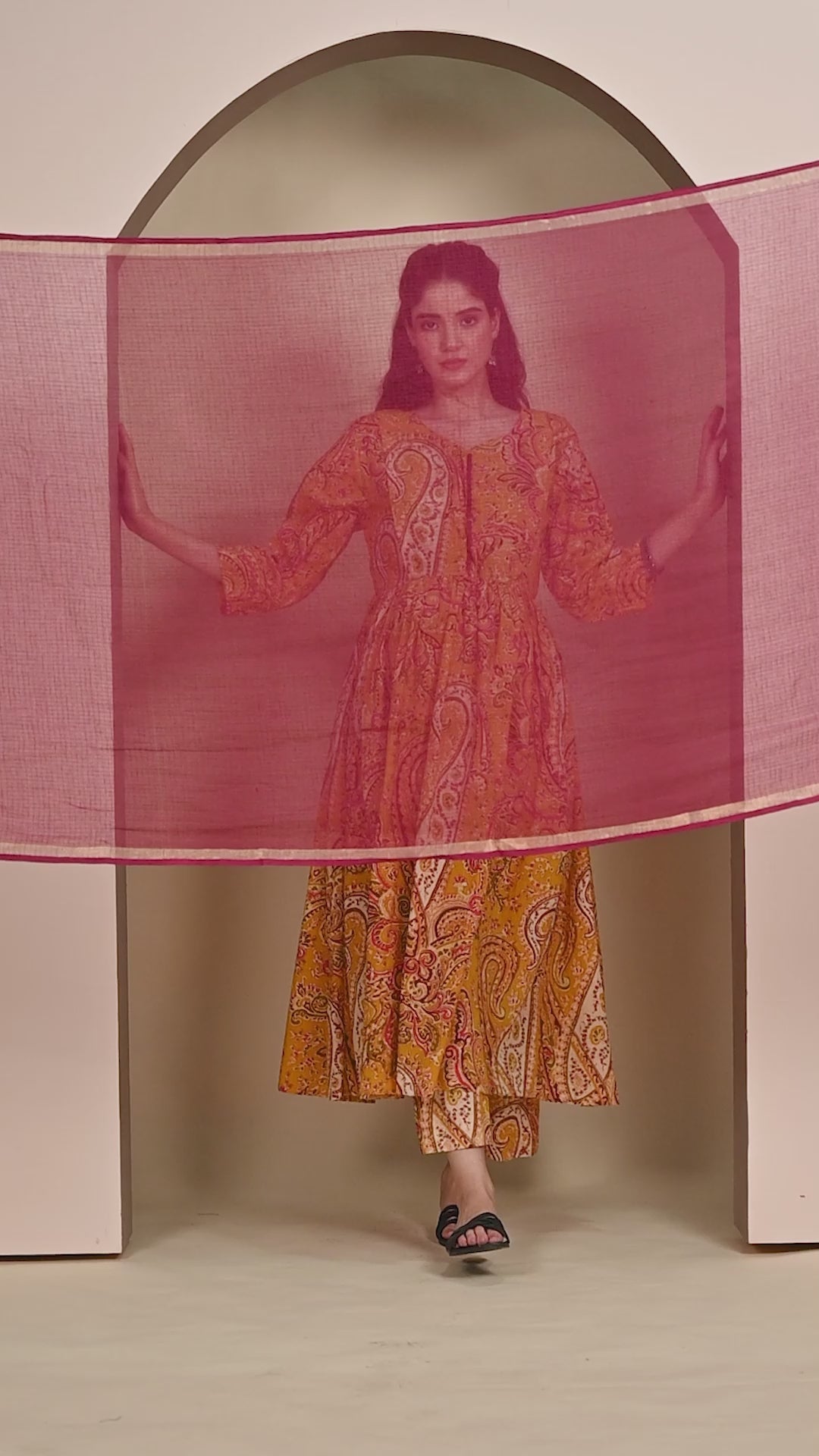 Mustard Floral Cotton Maternity Kurta with Trouser & Dupatta