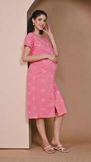 Pink Printed Hosiery Zipless Maternity Nighty