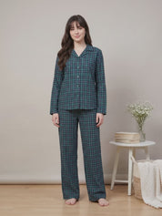 Teal Green Checkered Flannel Flannel Night Suit