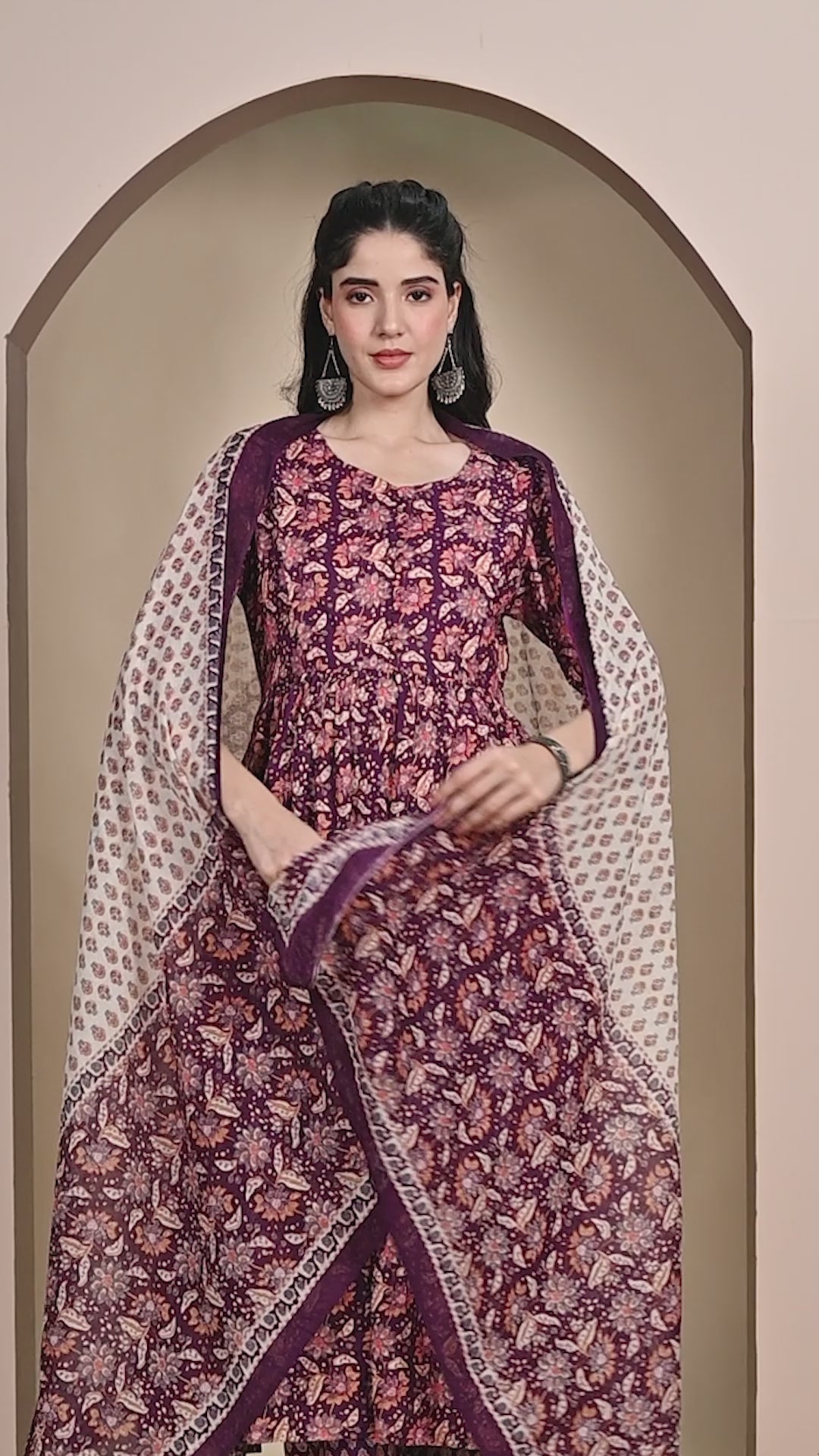 Purple Floral Cotton Calf Length Maternity Suit Sets With Dupatta