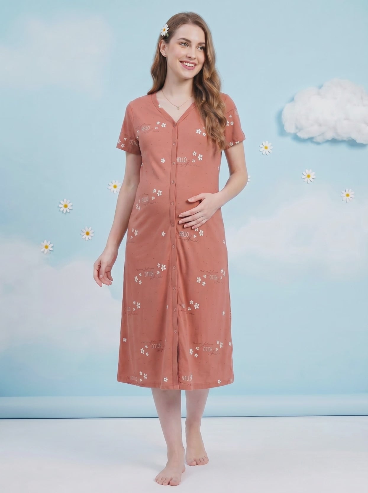 Rust Printed Hosiery Zipless Maternity Nighty