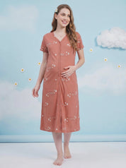 Rust Printed Hosiery Zipless Maternity Nighty
