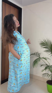 Blue Printed Hosiery Zipless Maternity Nighty