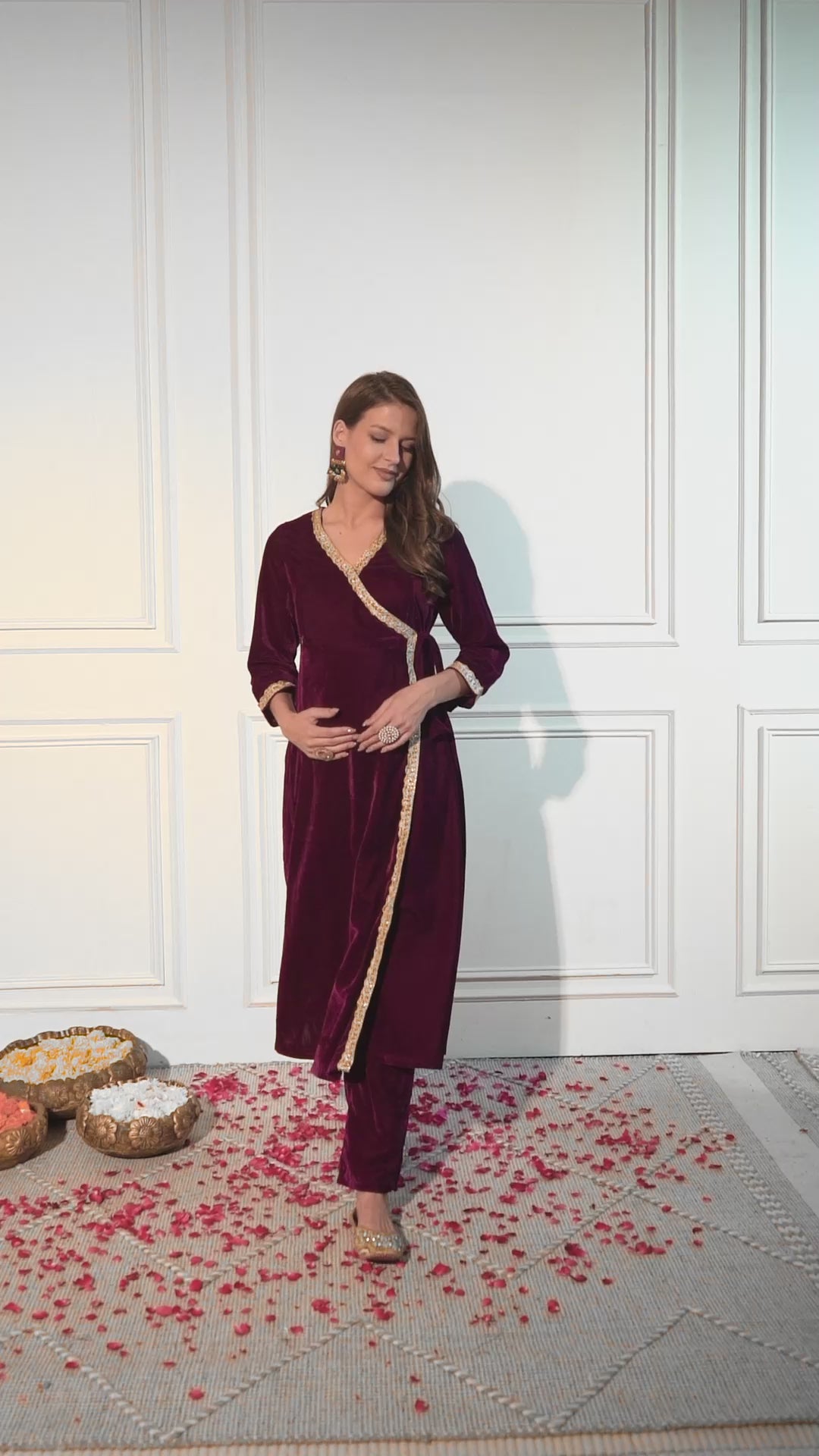 Maroon Solid Velvet Maternity Wrap Kurta