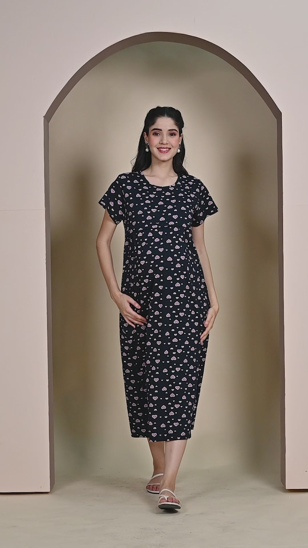 Dark Blue Printed Hosiery Maternity Nighty