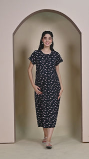 Dark Blue Printed Hosiery Maternity Nighty