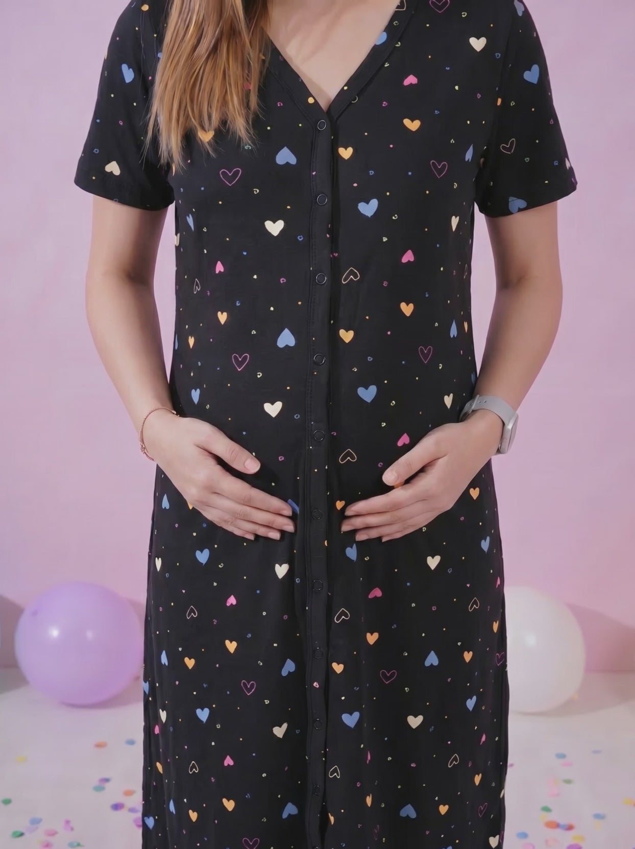 Black Heart Print Hosiery Zipless Maternity Nighty
