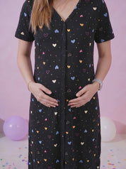 Black Heart Print Hosiery Zipless Maternity Nighty