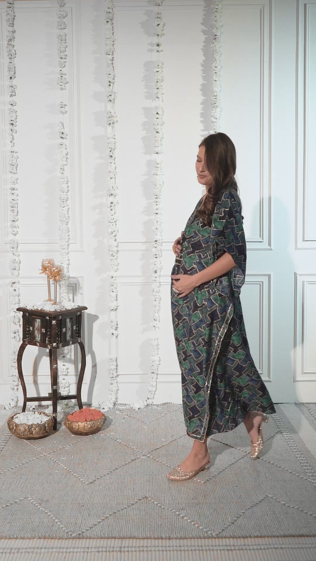 Geometric Print Dark Blue Chanderi Silk Maternity Kaftan Dress Calf Length