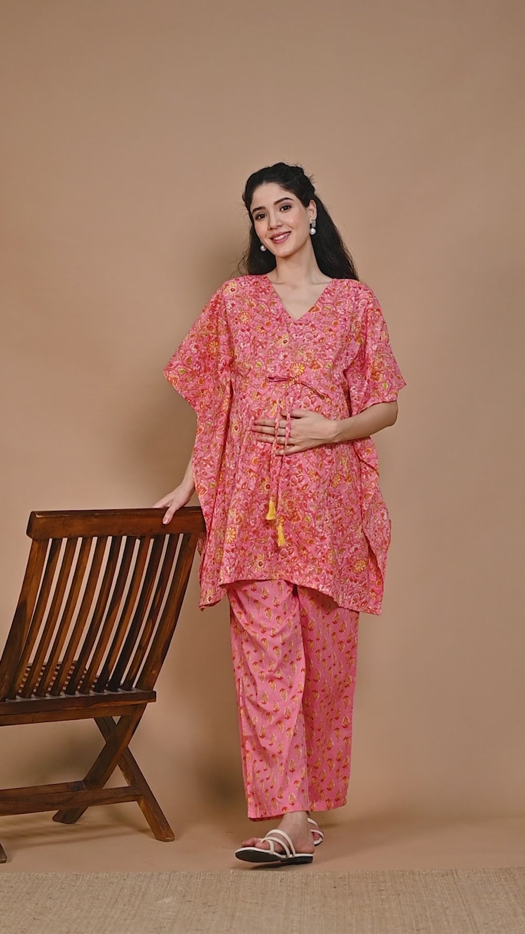 Peach & Yellow Cotton Floral Maternity Night Suit