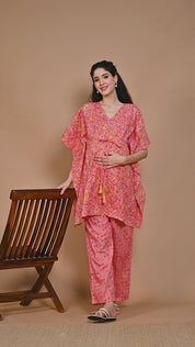 Peach & Yellow Cotton Floral Maternity Night Suit