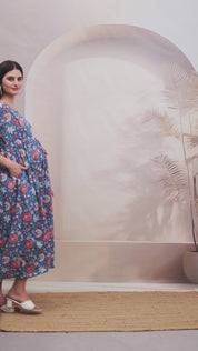 Floral Print Blue Cotton Maternity Nightdress
