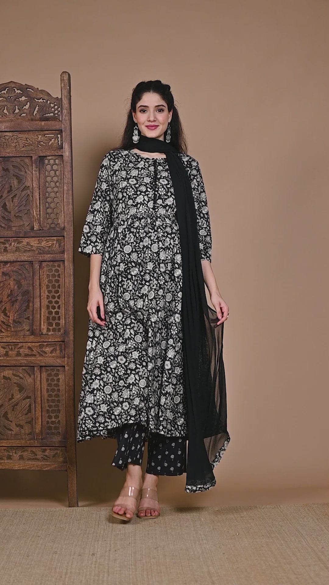 Black Floral Cotton Maternity Kurta with Trouser and Dupatta