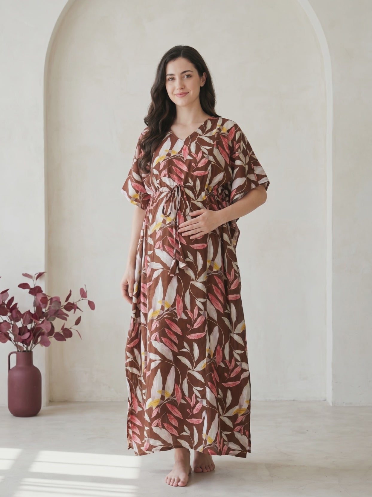 Brown Leaf Rayon Maternity Kaftan