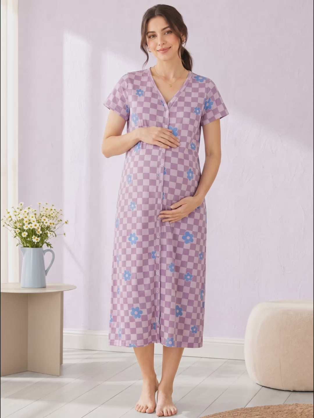 Lilac Gingham Floral Print Hosiery Zipless Maternity Nighty