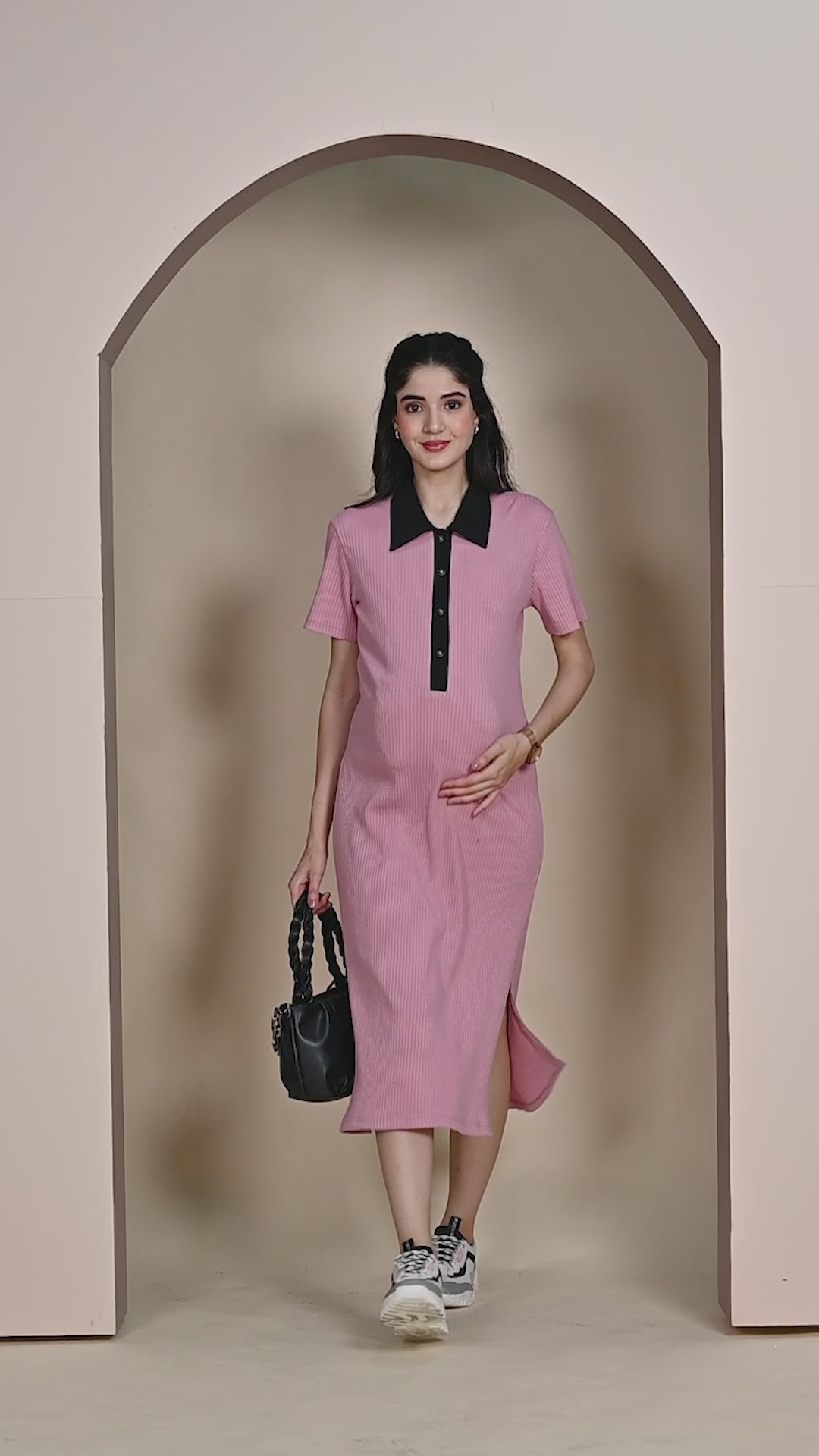 Pink Solid Ribbed Maternity Bodycon Dress