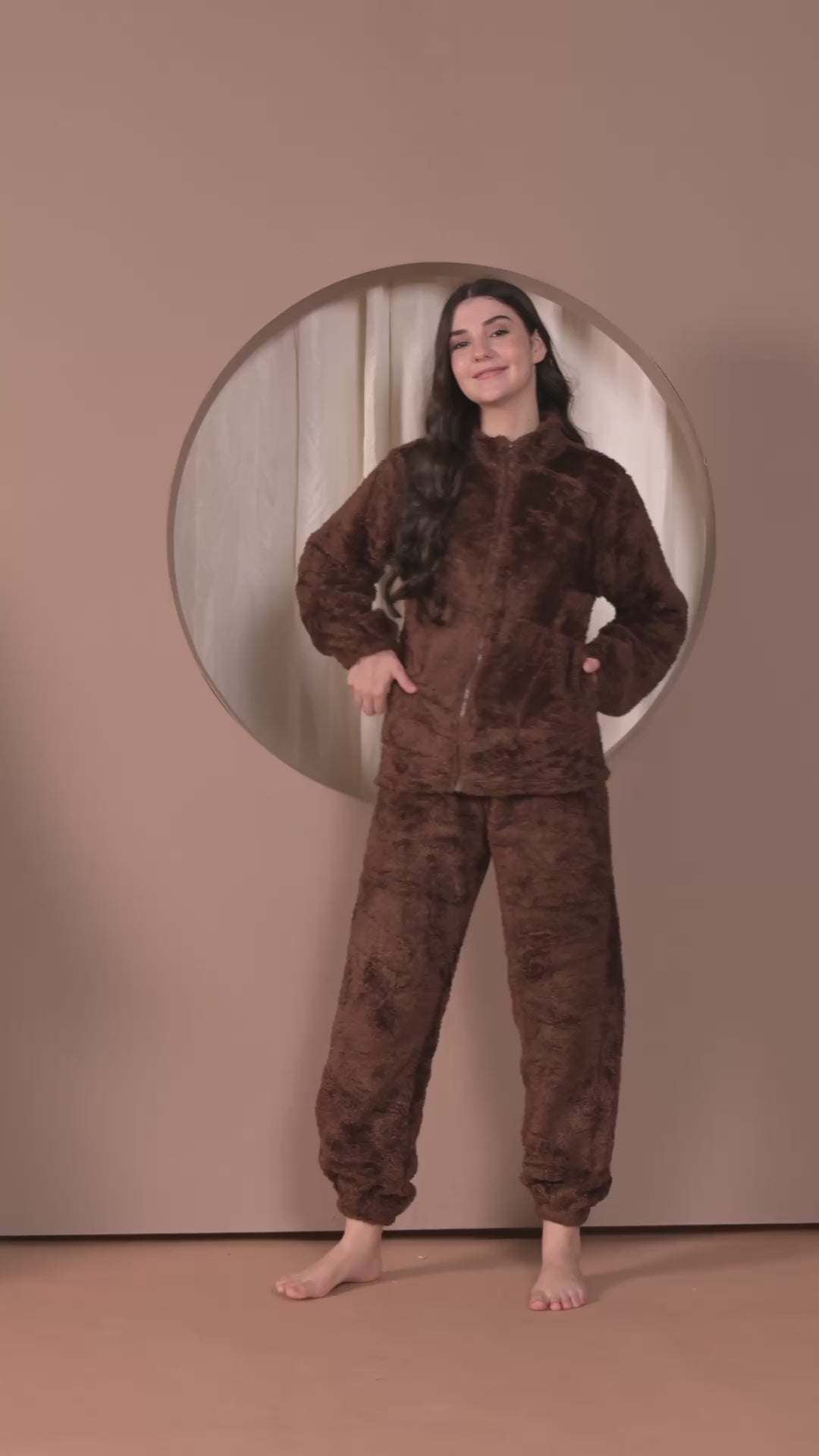 Brown Faux Fur Zip Closure Winter Night Suit