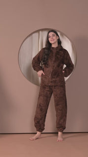 Brown Faux Fur Zip Closure Winter Night Suit