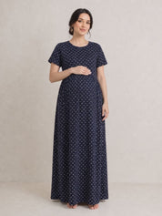 Navy Blue Printed Hosiery Zipless Maternity Nighty