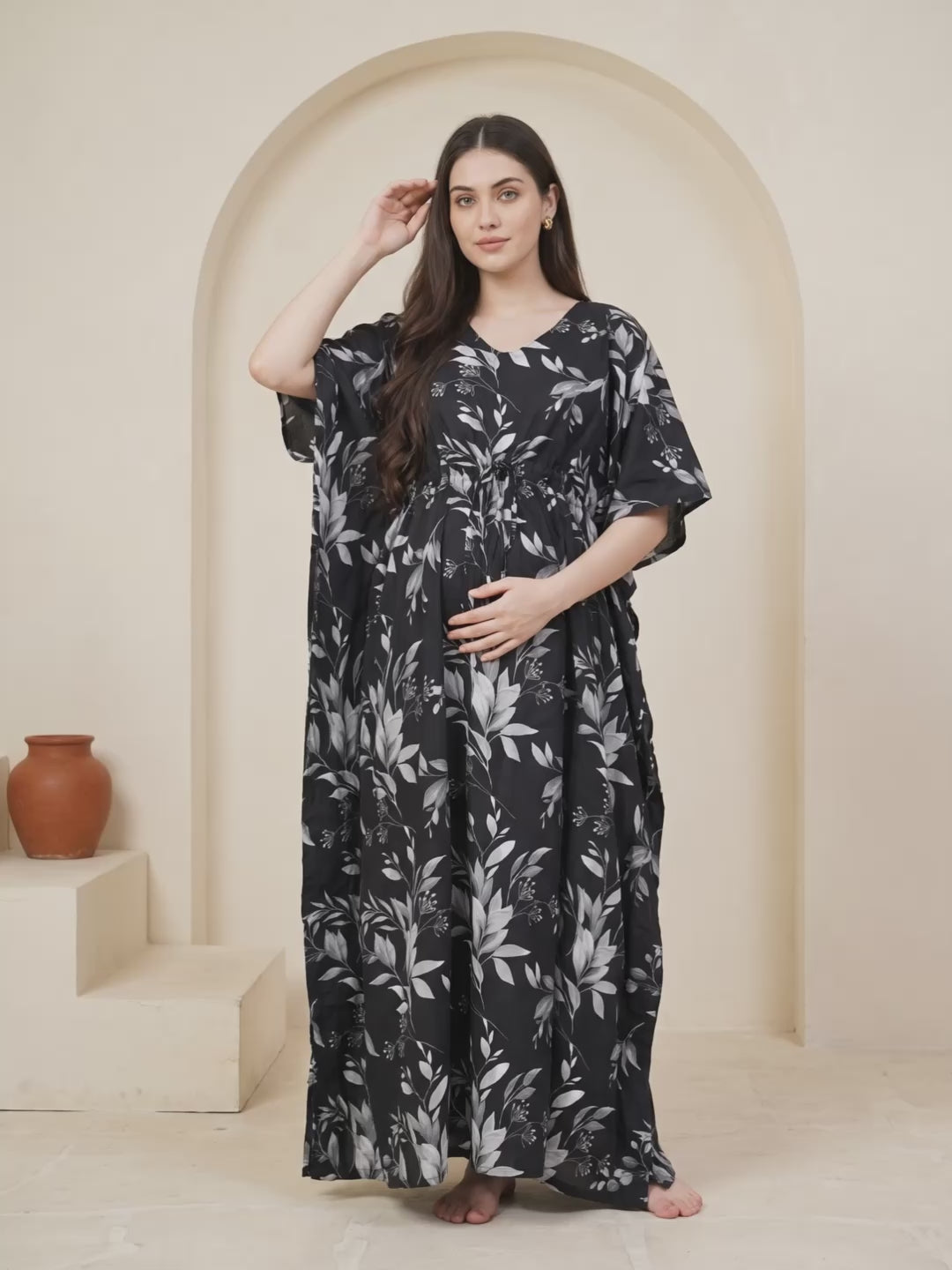 Black Floral Rayon Maternity Kaftan