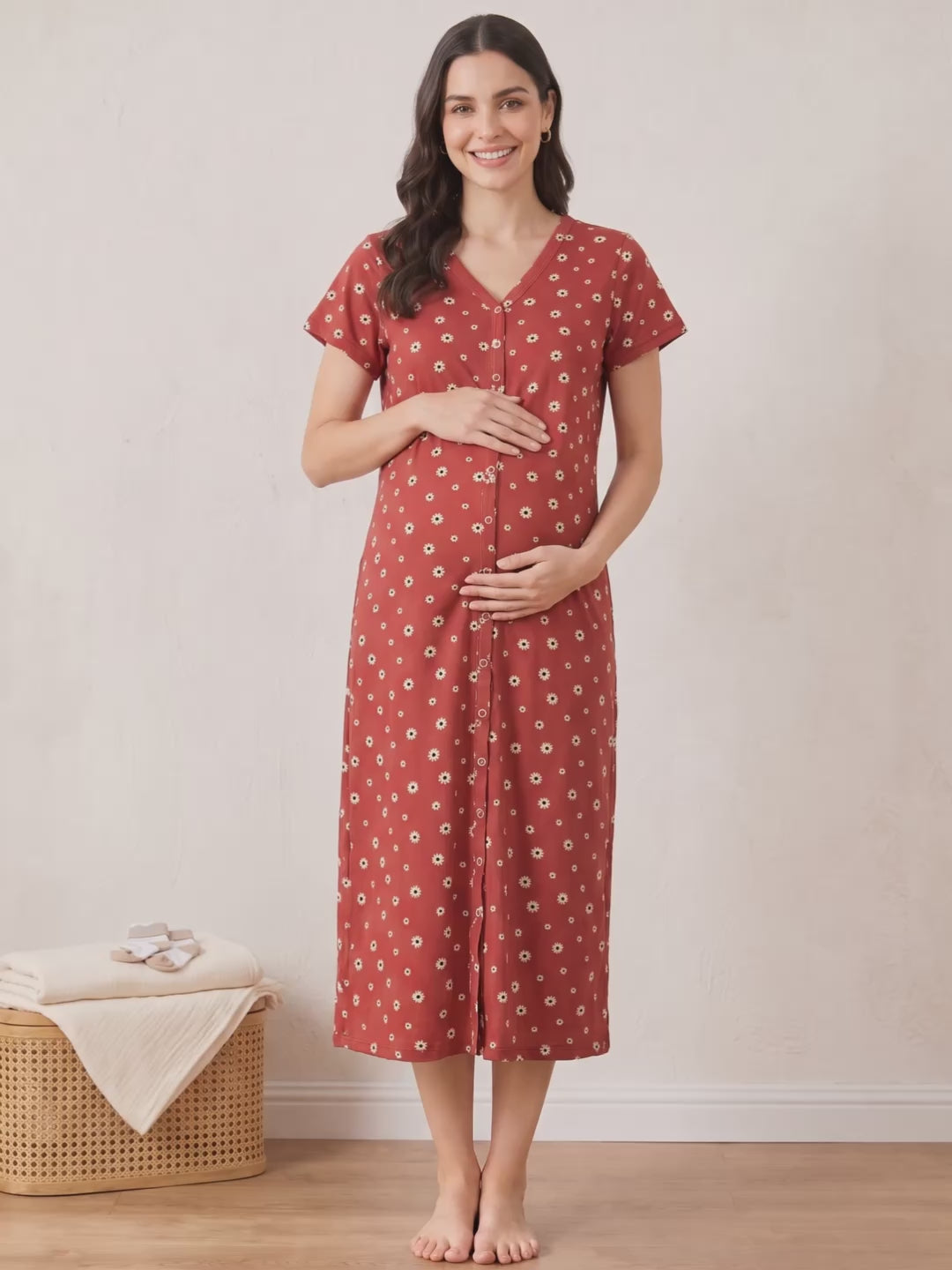 Red Floral Hosiery Zipless Maternity Nighty
