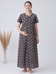 Black Floral Cotton Zipless Maternity Nighty