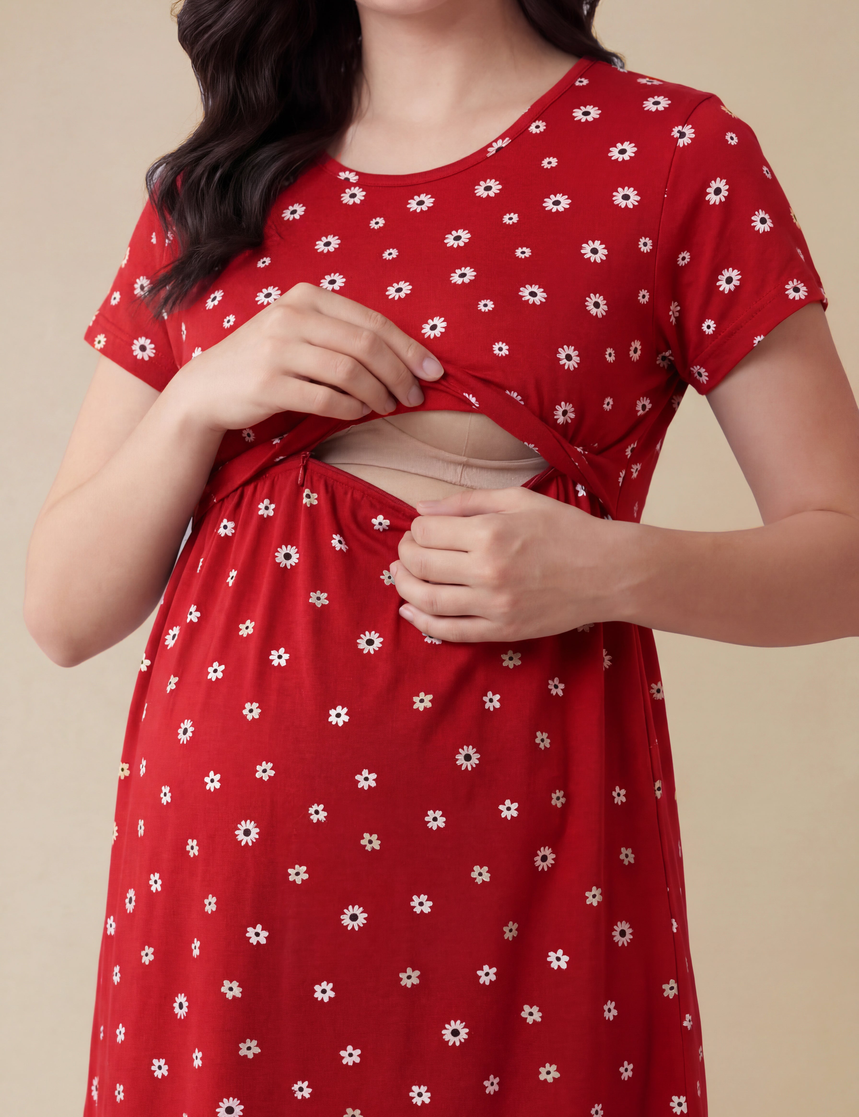 Red Floral Hosiery Maternity Nighty
