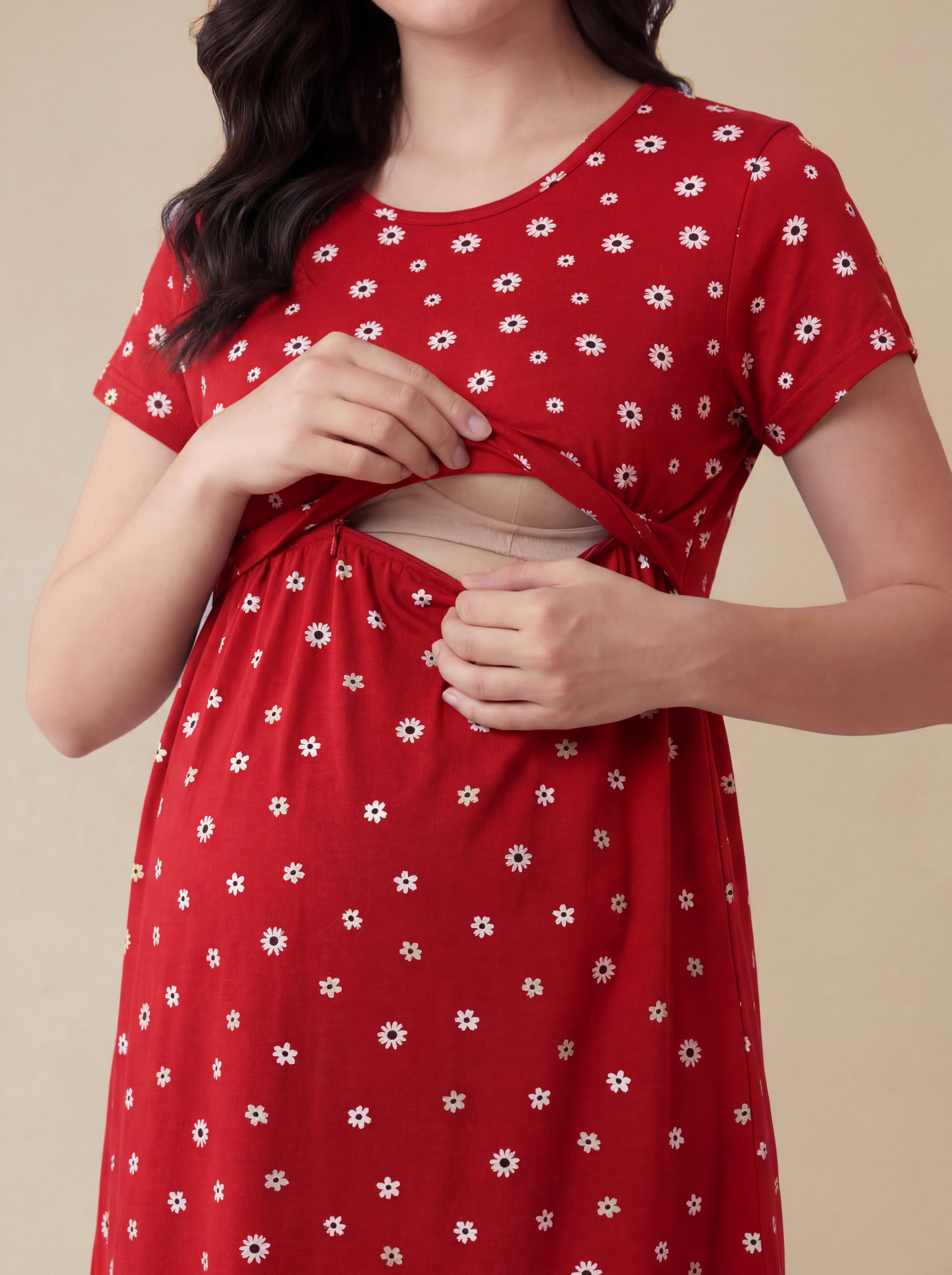 Red Floral Hosiery Maternity Nighty