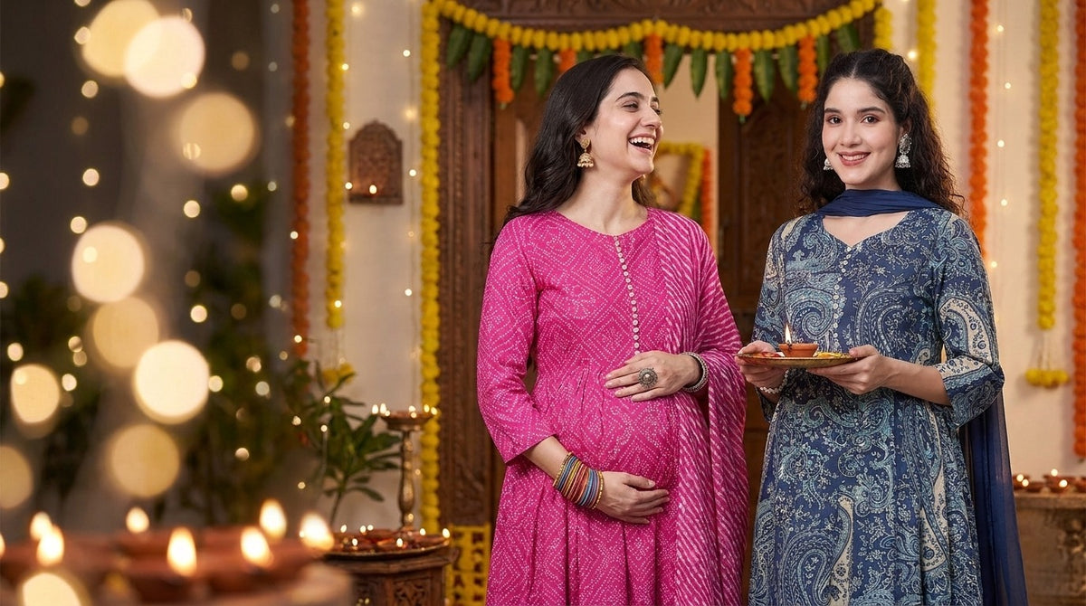 Pink bandhani and blue paisley maternity kurta sets for Diwali