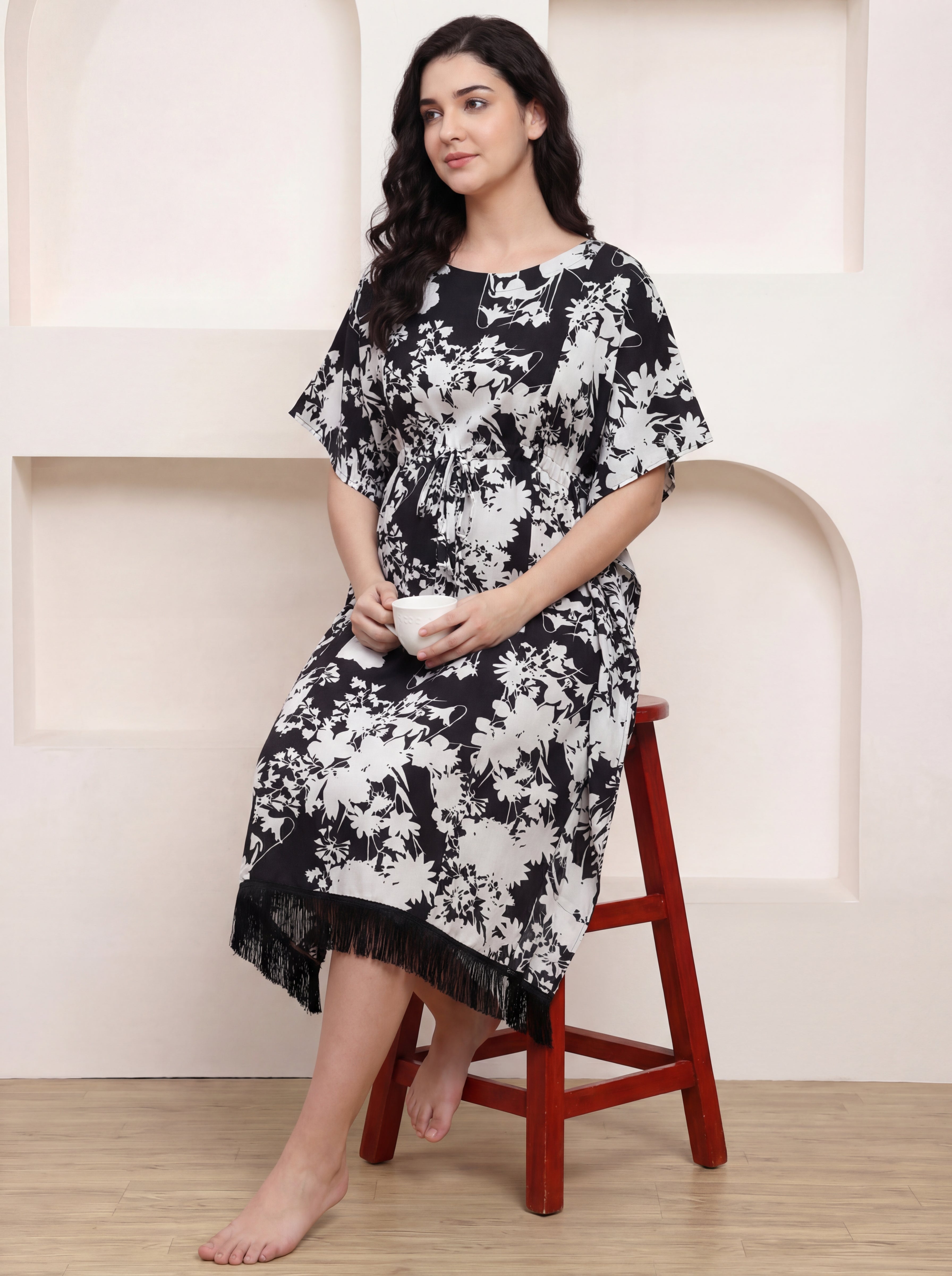 Black Floral Rayon Maternity Kaftan