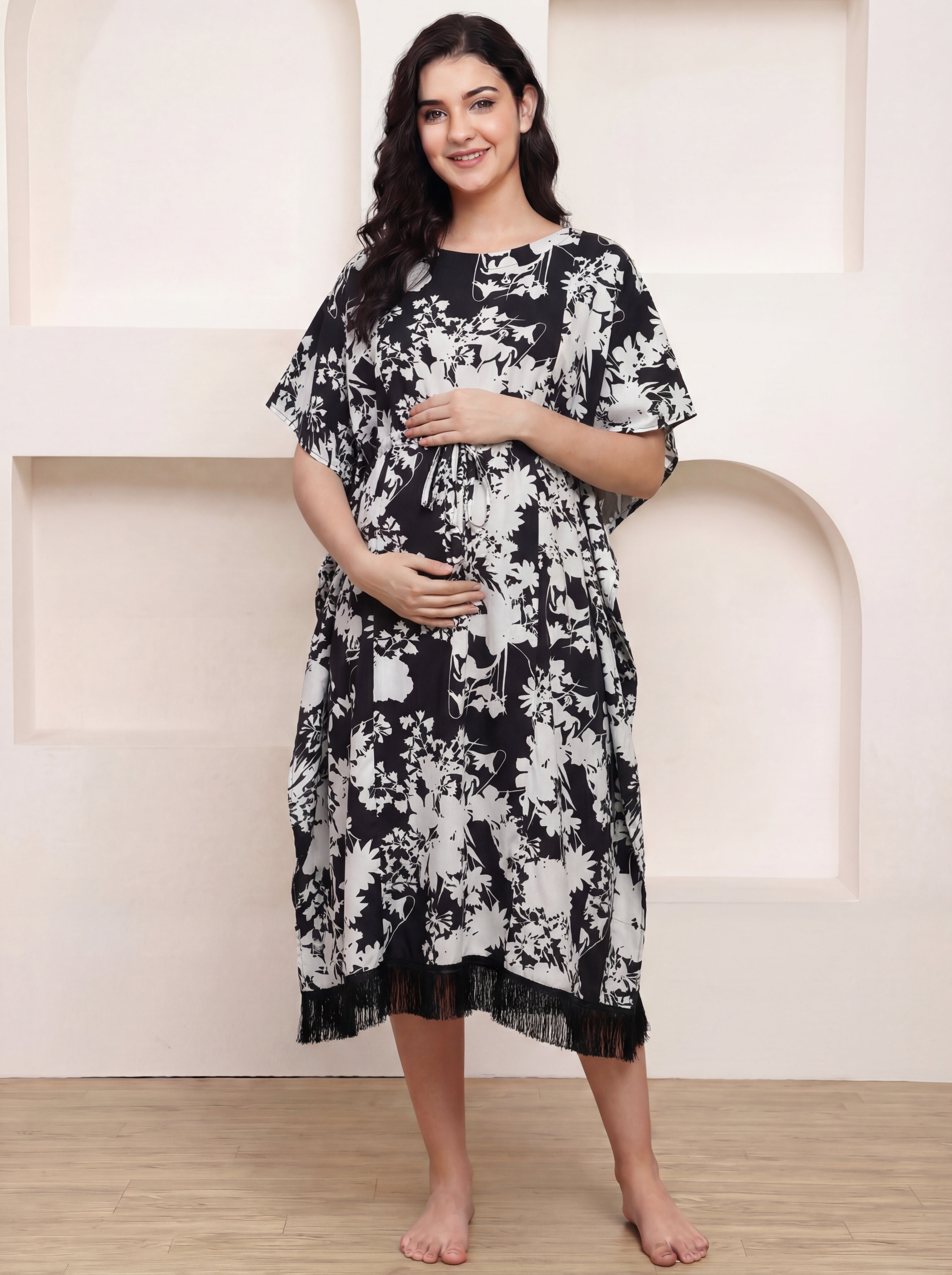 Black Floral Rayon Maternity Kaftan