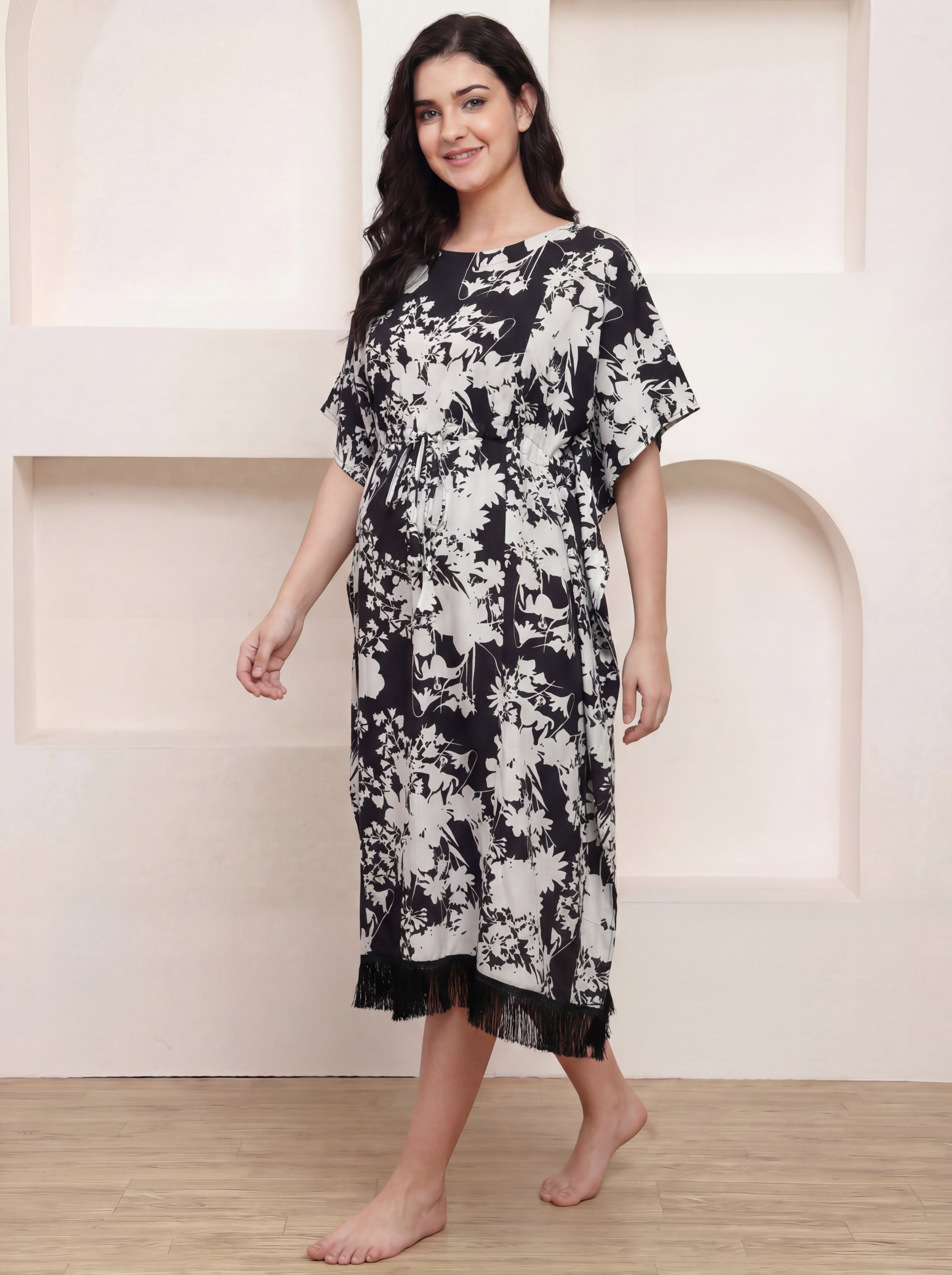 Black Floral Rayon Maternity Kaftan