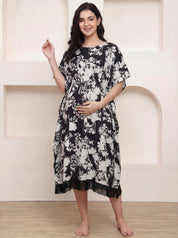 Black Floral Rayon Maternity Kaftan